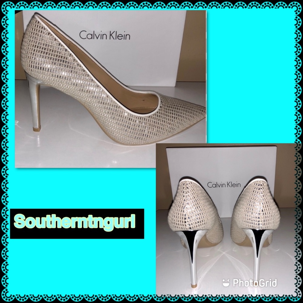 NWT CALVIN KLEIN ”Ronna” Metalic Woven Raffia Pumps/ Heels